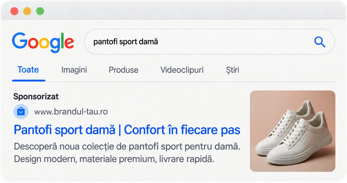 Concept demonstrativ de anunț Google pentru încălțăminte