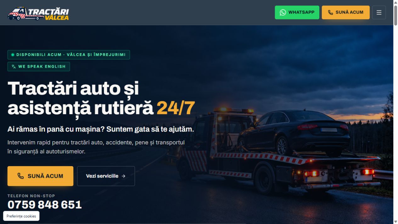Site-ul Tractări Vâlcea: tractări auto și asistență rutieră 24/7