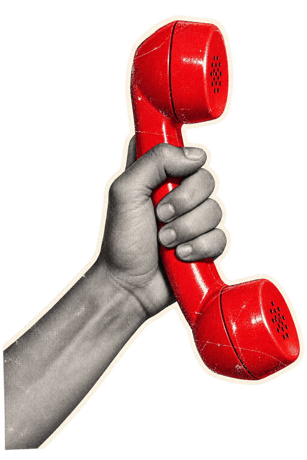 O mână ține un receptor de telefon roșu, în stil colaj vintage